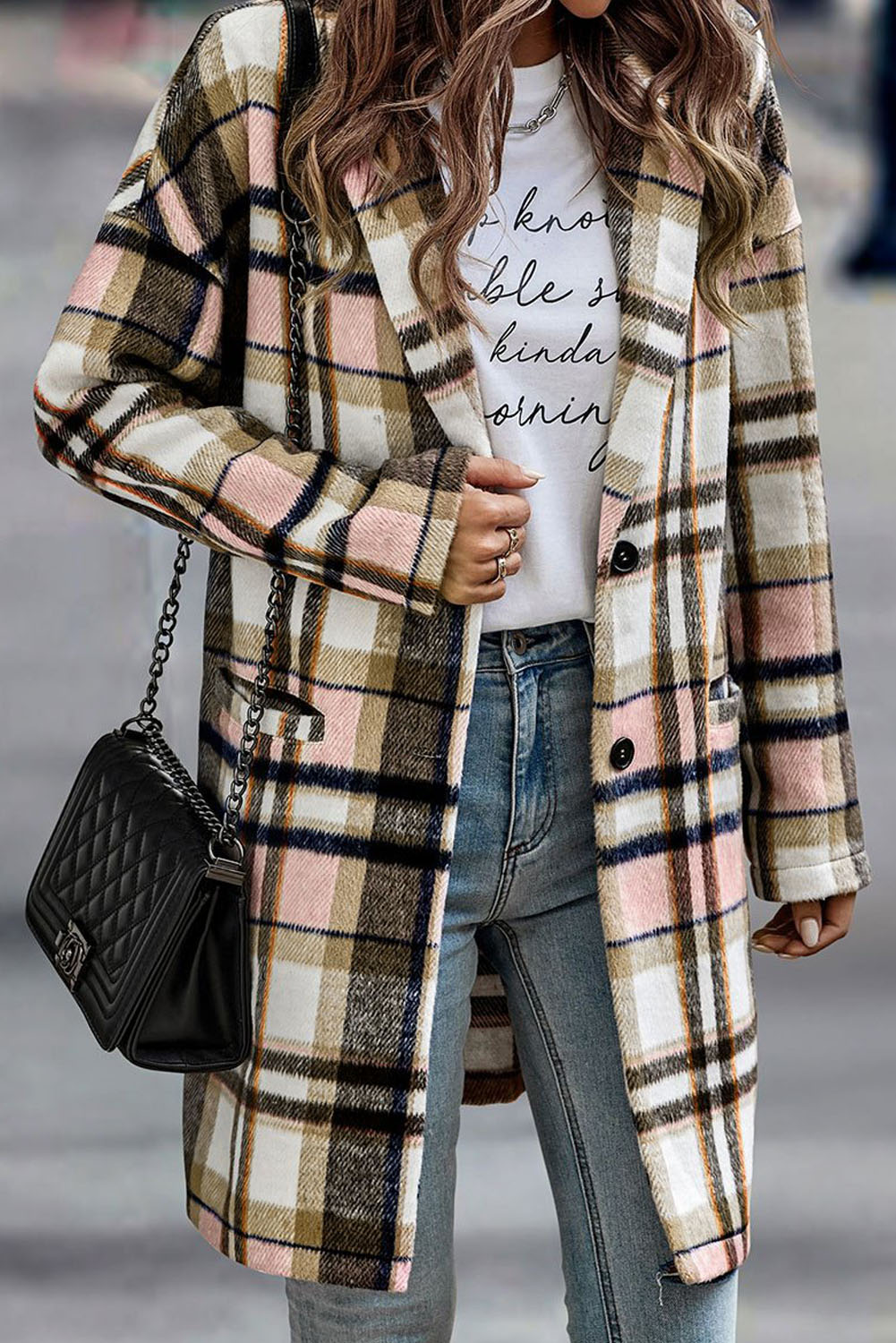 Showcase your fashion sense with this Women's Elegant Pink Plaid Button Up Lapel Jacket. The colorful plaid pattern adds a touch of vibrancy to your outfit, making a fashion statement. The lapel design of the jacket gives it a formal and sophisticated look, making it suitable for a variety of occasions. The tunic length provides an excellent warm effect, keeping you cozy and stylish during the winter season. Pair it with a long-sleeved top and jeans for a casual yet chic look. Made from premium 100% polyester, this jacket ensures durability and comfort. The button-up closure adds a classic touch to the modern style of the jacket. Elevate your winter wardrobe with this fashionable and functional pink plaid jacket. - Detail View 9 Showcase your fashion sense with this Women's Elegant Pink Plaid Button Up Lapel Jacket. The colorful plaid pattern adds a touch of vibrancy to your outfit, making a fashion statement. The lapel design of the jacket gives it a formal and sophisticated look, making it suitable for a variety of occasions. The tunic length provides an excellent warm effect, keeping you cozy and stylish during the winter season. Pair it with a long-sleeved top and jeans for a casual yet chic look. Made from premium 100% polyester, this jacket ensures durability and comfort. The button-up closure adds a classic touch to the modern style of the jacket. Elevate your winter wardrobe with this fashionable and functional pink plaid jacket. - Detail View 9