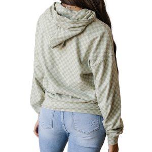 Women's Green Checkered Print Kangaroo Pocket Drawstring Hoodie - Main View
