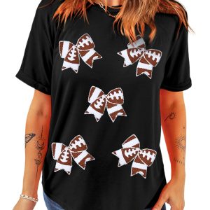 Women's Black Rugby Football Bowknot Pattern Game Day T-Shirt - Main View