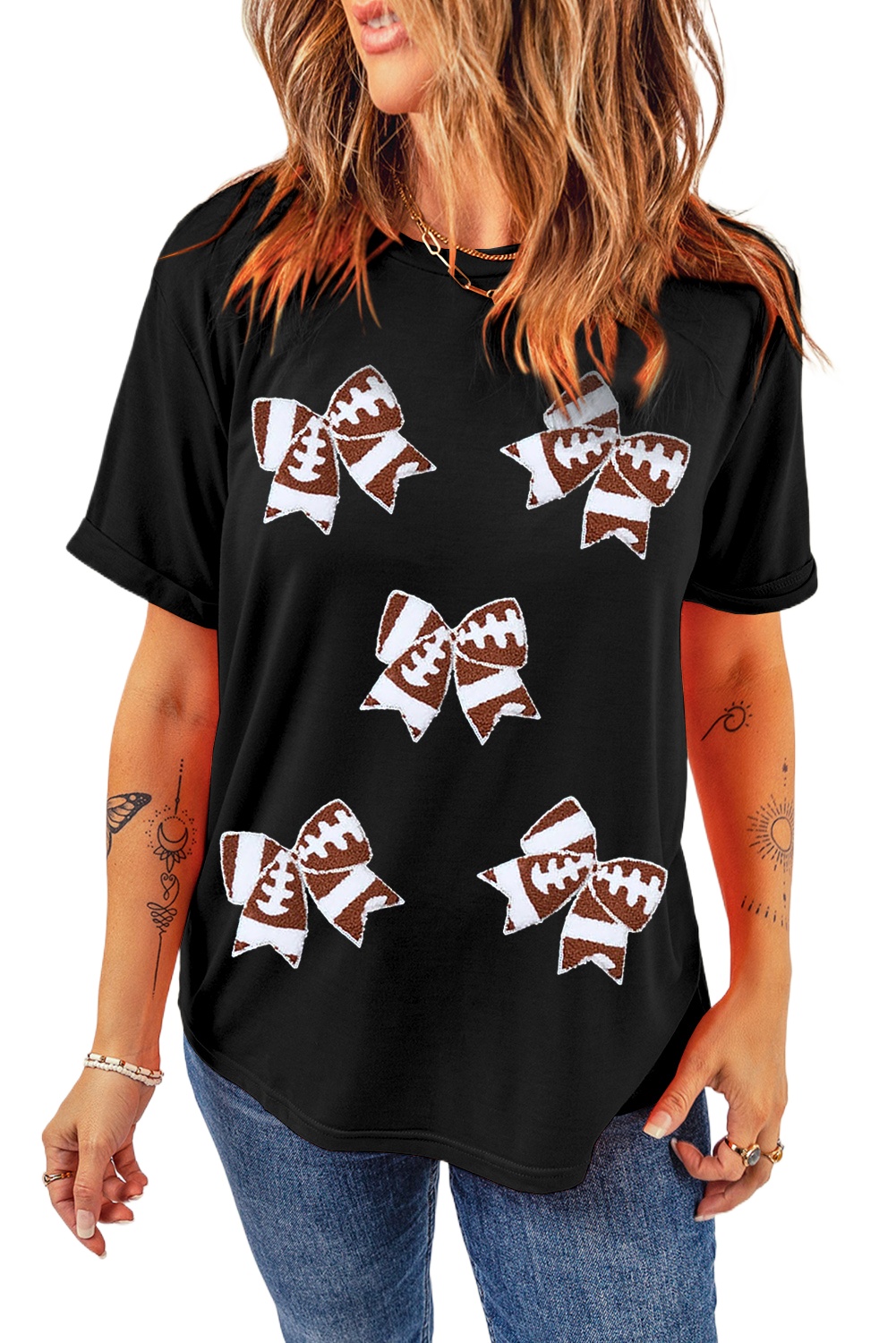 Women's Black Rugby Football Bowknot Pattern Game Day T-Shirt - Main View Women's Black Rugby Football Bowknot Pattern Game Day T-Shirt - Main View
