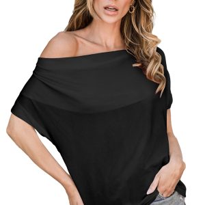 Women's Elegant Black Cowl Neck Bat Sleeve T-Shirt - Main View