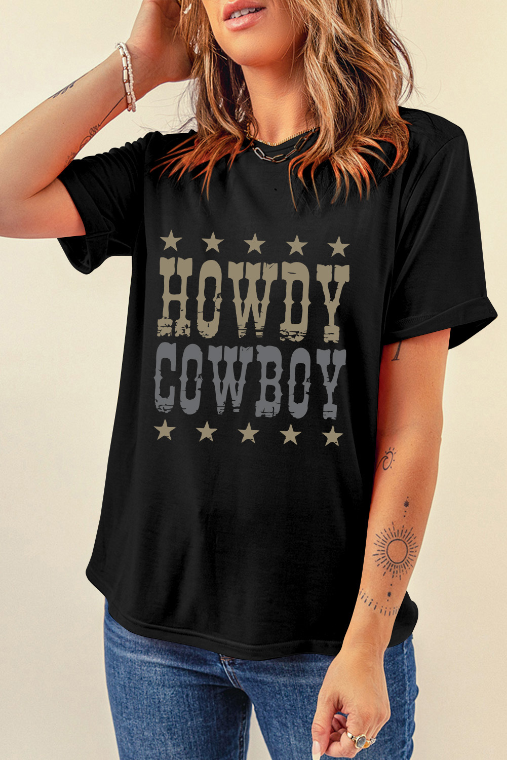 Comfortable and Bold Black Round Neck T-Shirt with Star Prints and HOWDY COWBOY Motif - Detail View 3 Comfortable and Bold Black Round Neck T-Shirt with Star Prints and HOWDY COWBOY Motif - Detail View 3
