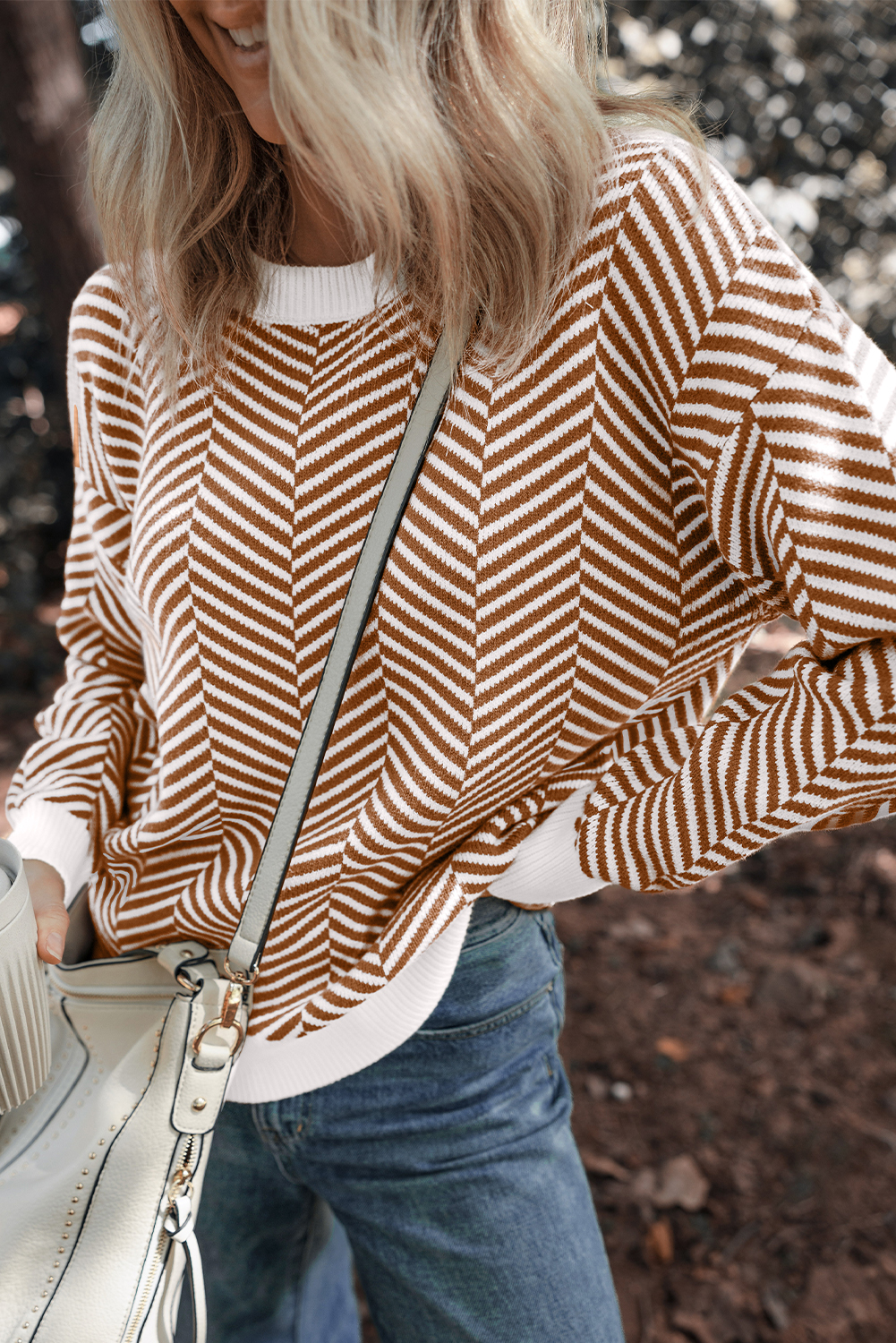Chic Coffee Colorblock Sweater with Striped Print and Drop Shoulder Design - Detail View 6 Chic Coffee Colorblock Sweater with Striped Print and Drop Shoulder Design - Detail View 6
