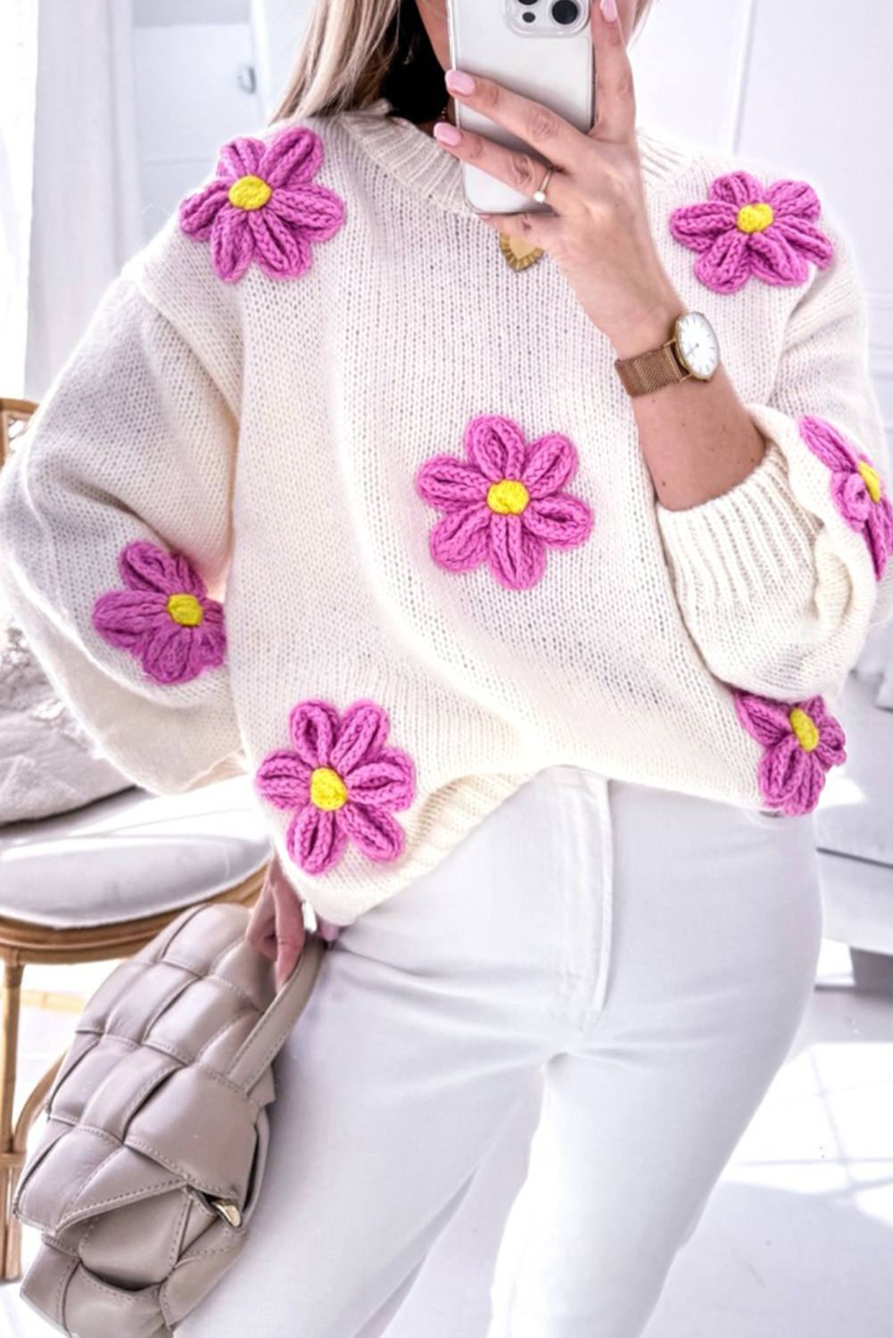 Soft and Warm Women's Winter Sweater - Chunky Knit Floral Design - Detail View 8 Soft and Warm Women's Winter Sweater - Chunky Knit Floral Design - Detail View 8