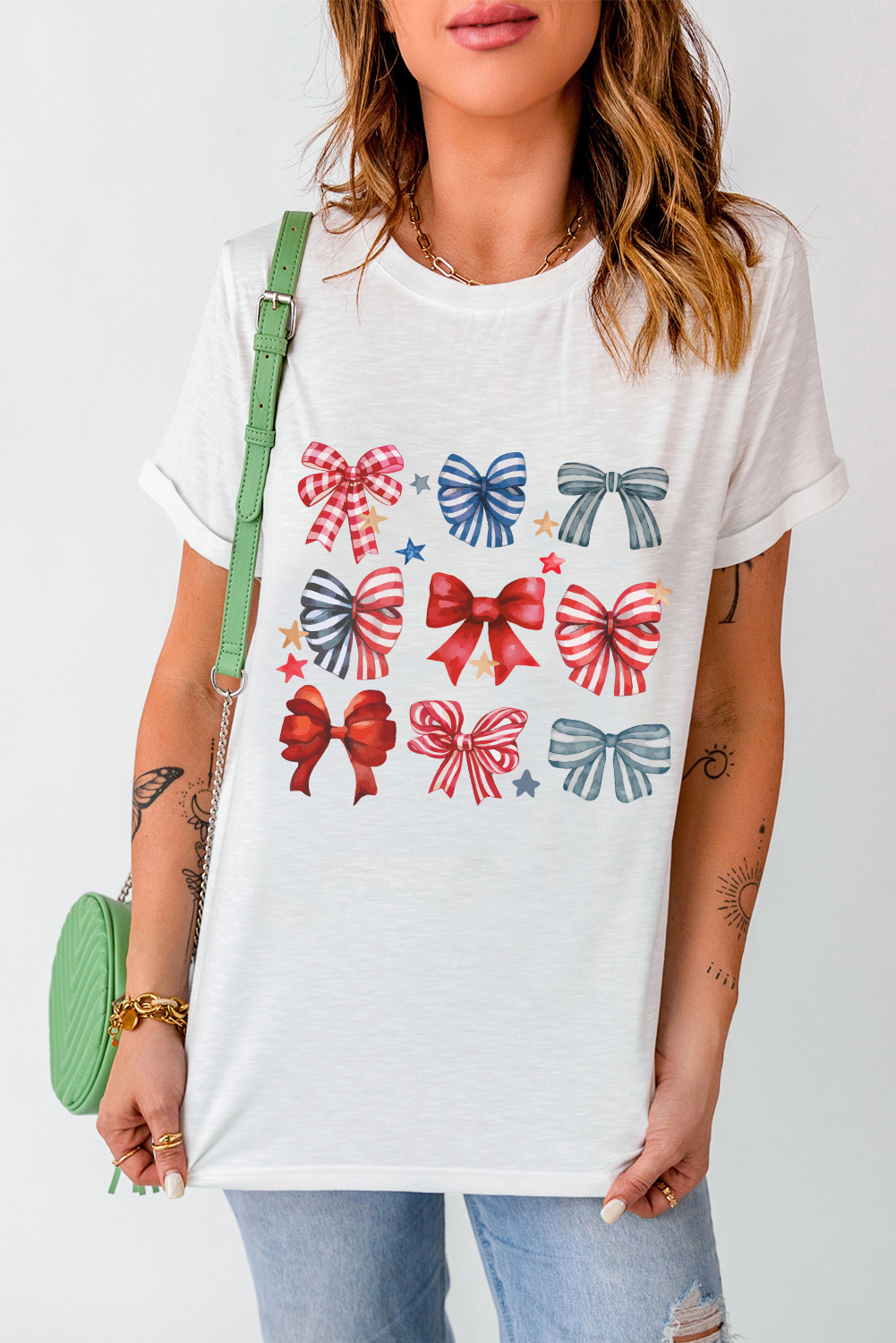 Women's Patriotic Bow Graphic Tee, Casual Summer Short Sleeve - Detail View 7 Women's Patriotic Bow Graphic Tee, Casual Summer Short Sleeve - Detail View 7