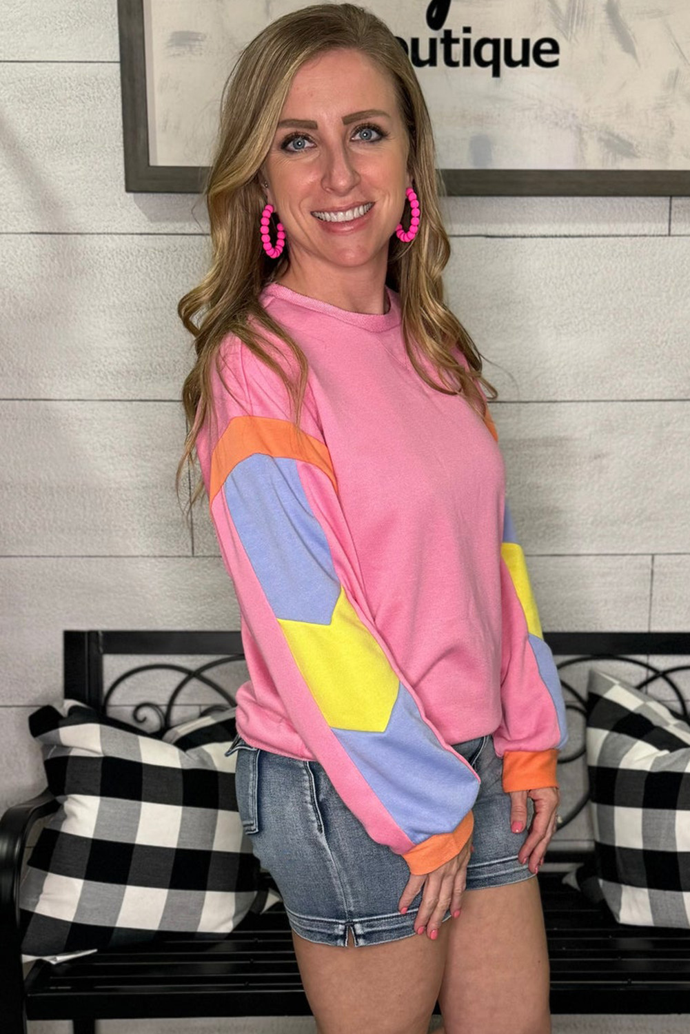 Women's Pink Candy Colorblock French Terry Long Sleeve Top - Detail View 6 Women's Pink Candy Colorblock French Terry Long Sleeve Top - Detail View 6