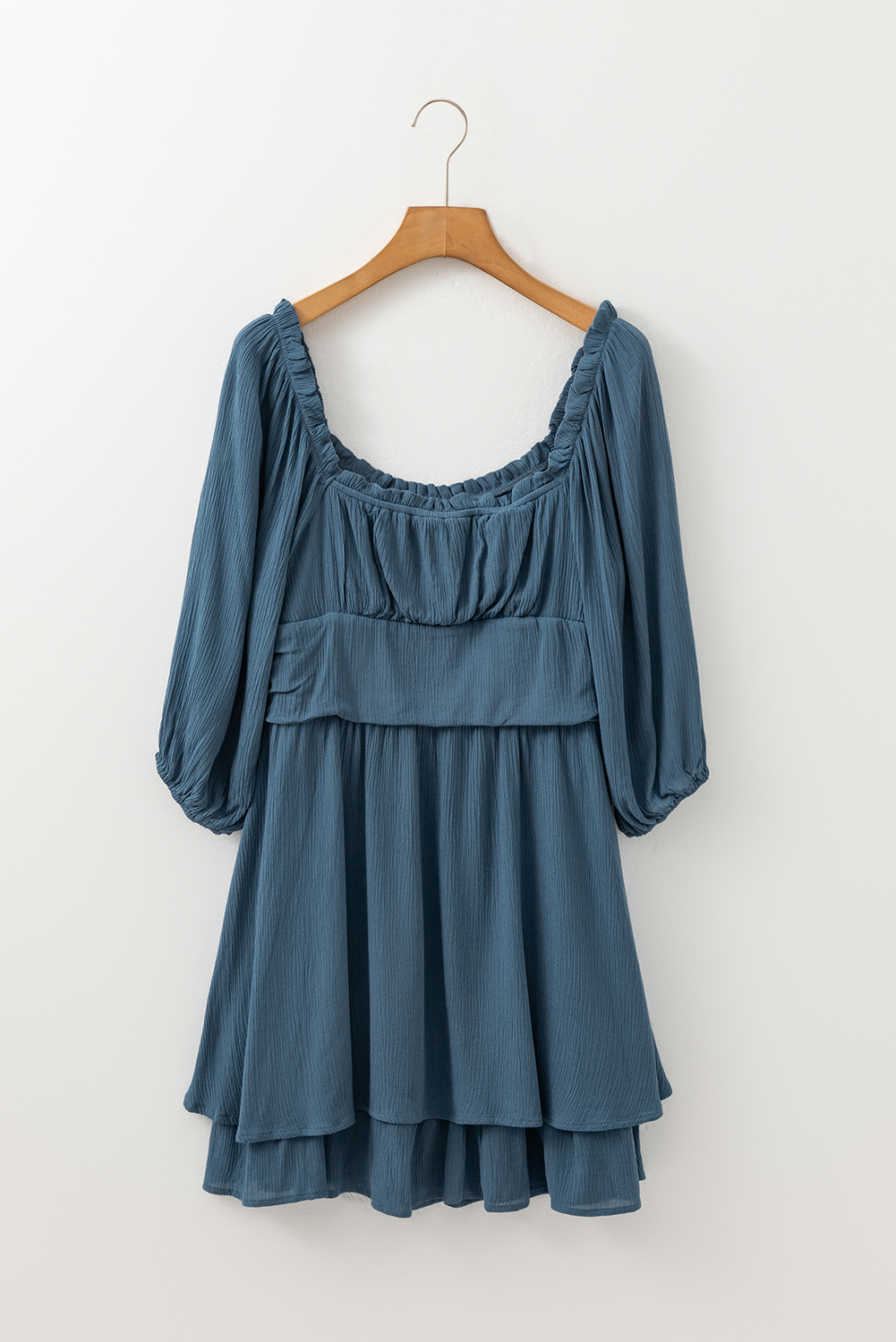 Women's Mini Dress, Real Teal, Frilled Neckline, 3/4 Sleeve, Layered Design, Ruched Detail, High Waist, A-Line Silhouette, Daily Wear, Solid Color, Romantic Style, Feminine Aesthetic, Spring Fashion, Chic Dress, Short Dress - Detail View 8 Women's Mini Dress, Real Teal, Frilled Neckline, 3/4 Sleeve, Layered Design, Ruched Detail, High Waist, A-Line Silhouette, Daily Wear, Solid Color, Romantic Style, Feminine Aesthetic, Spring Fashion, Chic Dress, Short Dress - Detail View 8