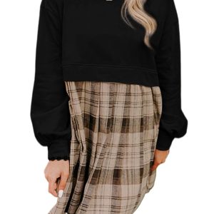 Chic Women's Black Plaid Patchwork High Waist Sweatshirt Mini Dress - Main View