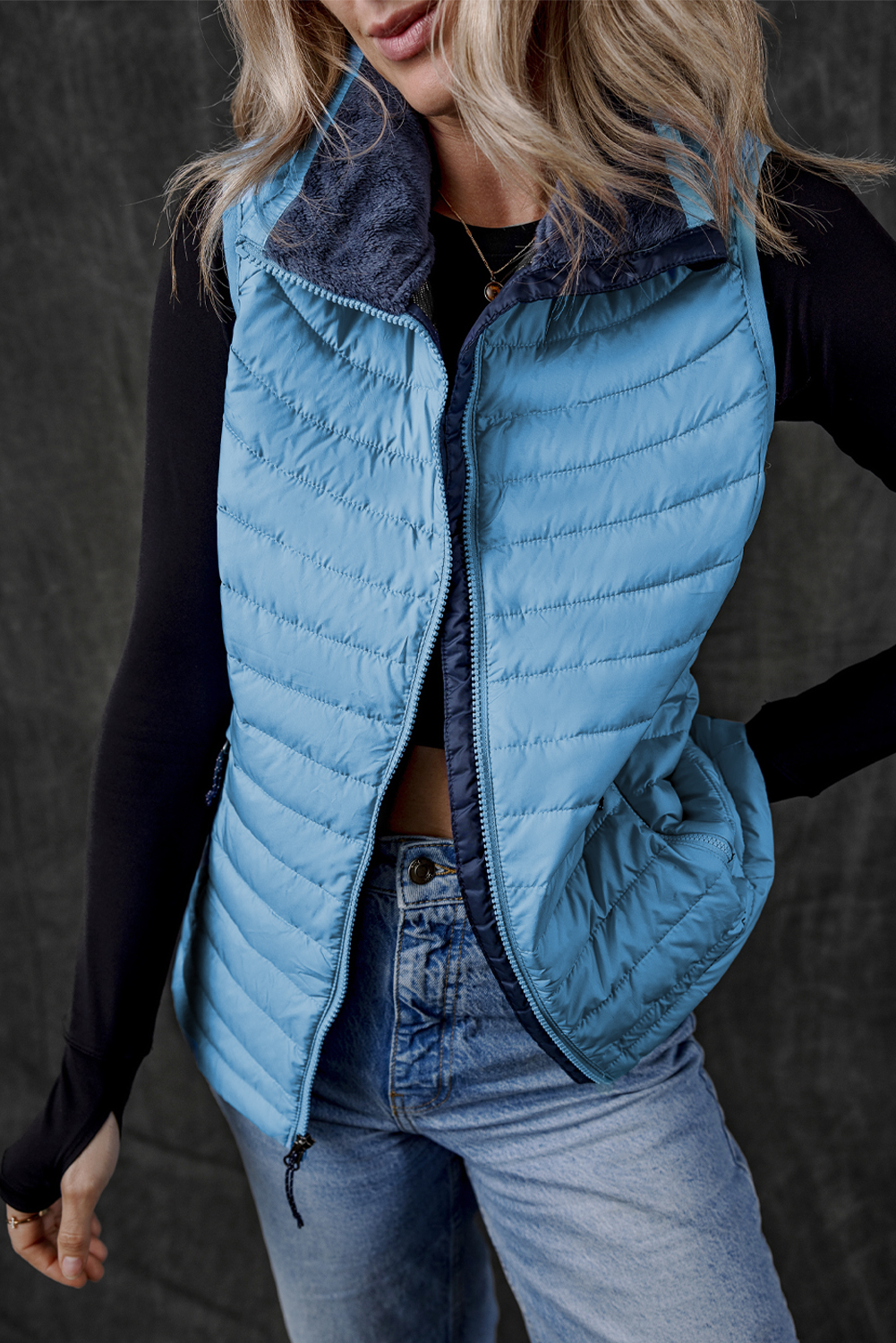 Trendy Sleeveless Puffer Vest in Sky Blue - Insulated and Cozy - Detail View 10 Trendy Sleeveless Puffer Vest in Sky Blue - Insulated and Cozy - Detail View 10