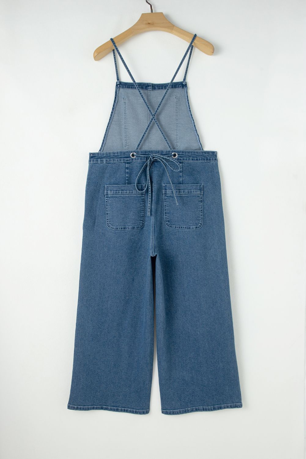 Trendy Dusk Blue Denim Jumpsuit with Adjustable Tie Straps and Bib Pocket - Detail View 6 Trendy Dusk Blue Denim Jumpsuit with Adjustable Tie Straps and Bib Pocket - Detail View 6