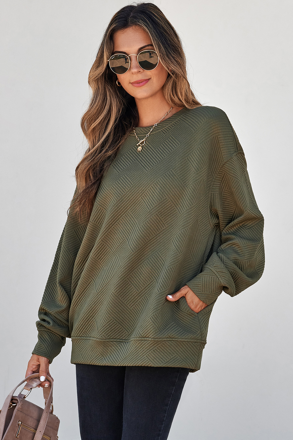 Long Sleeve Textured Sweatshirt, Women's Fall Round Neck Top - Detail View 3 Long Sleeve Textured Sweatshirt, Women's Fall Round Neck Top - Detail View 3