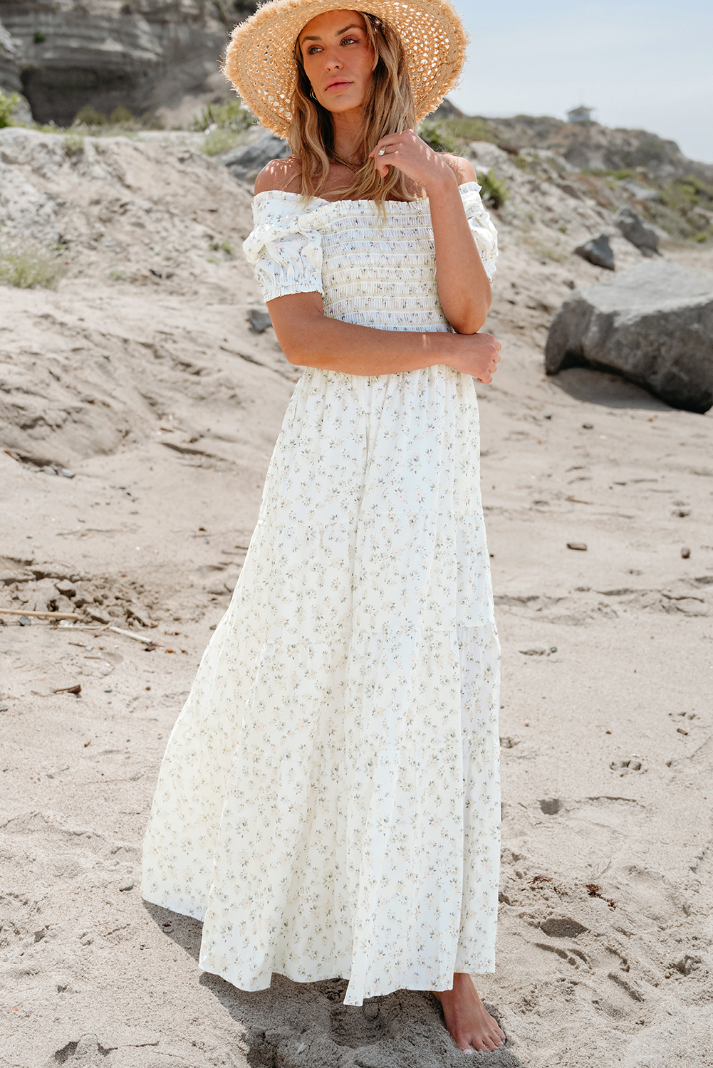 Casual Floral Puff Sleeve Dress, Smocked Waist Long Summer - Detail View 3 Casual Floral Puff Sleeve Dress, Smocked Waist Long Summer - Detail View 3