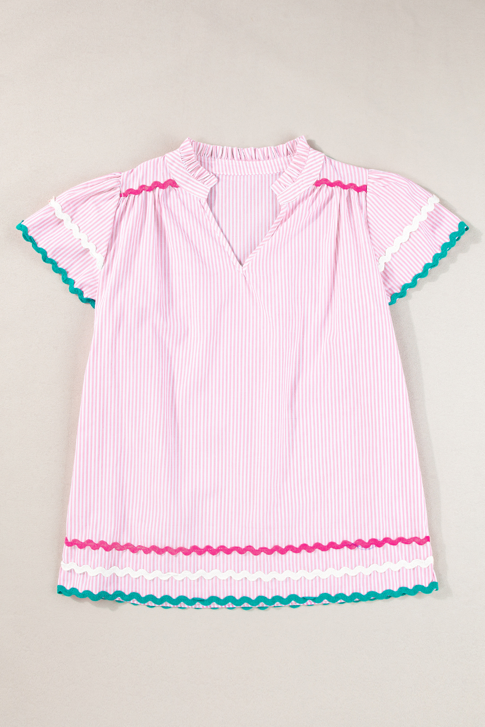 Chic and Whimsical Pink Stripe Split Neck Blouse with Contrasting Binding - Detail View 7 Chic and Whimsical Pink Stripe Split Neck Blouse with Contrasting Binding - Detail View 7