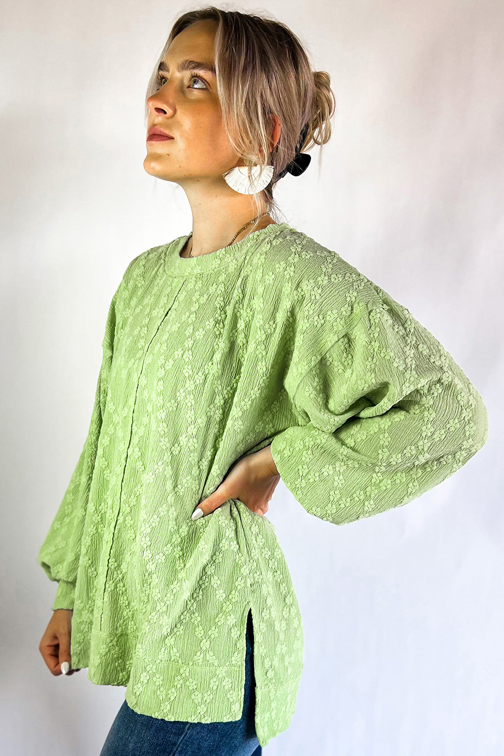 Casual Long Sleeve Blouse in Light Green - Relaxed Fit with Stylish Side Split - Detail View 2 Casual Long Sleeve Blouse in Light Green - Relaxed Fit with Stylish Side Split - Detail View 2