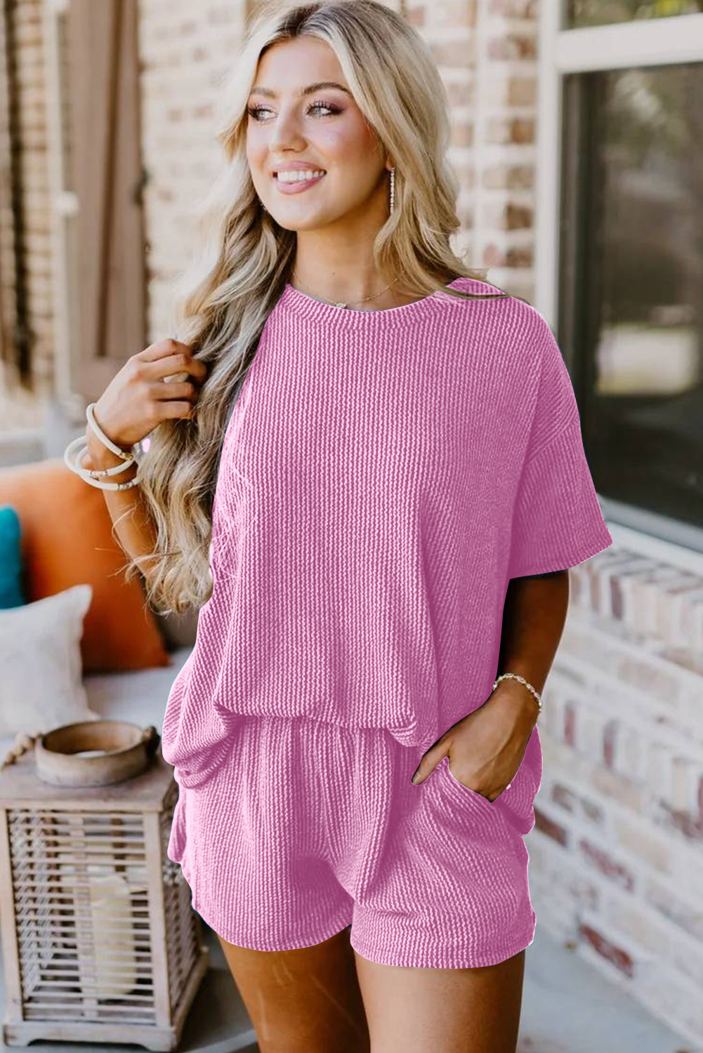 Women's Ribbed Knit Loungewear Set, Casual Summer Two Piece - Detail View 4 Women's Ribbed Knit Loungewear Set, Casual Summer Two Piece - Detail View 4