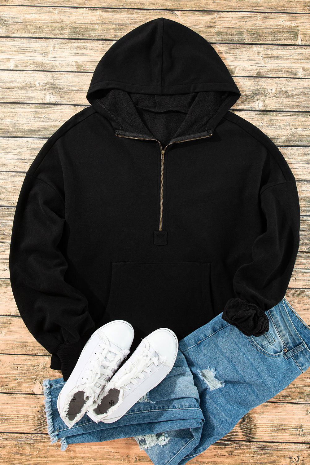 Casual Black Hoodie with Kangaroo Pockets and Fleece Lining for Warmth and Function - Detail View 7 Casual Black Hoodie with Kangaroo Pockets and Fleece Lining for Warmth and Function - Detail View 7
