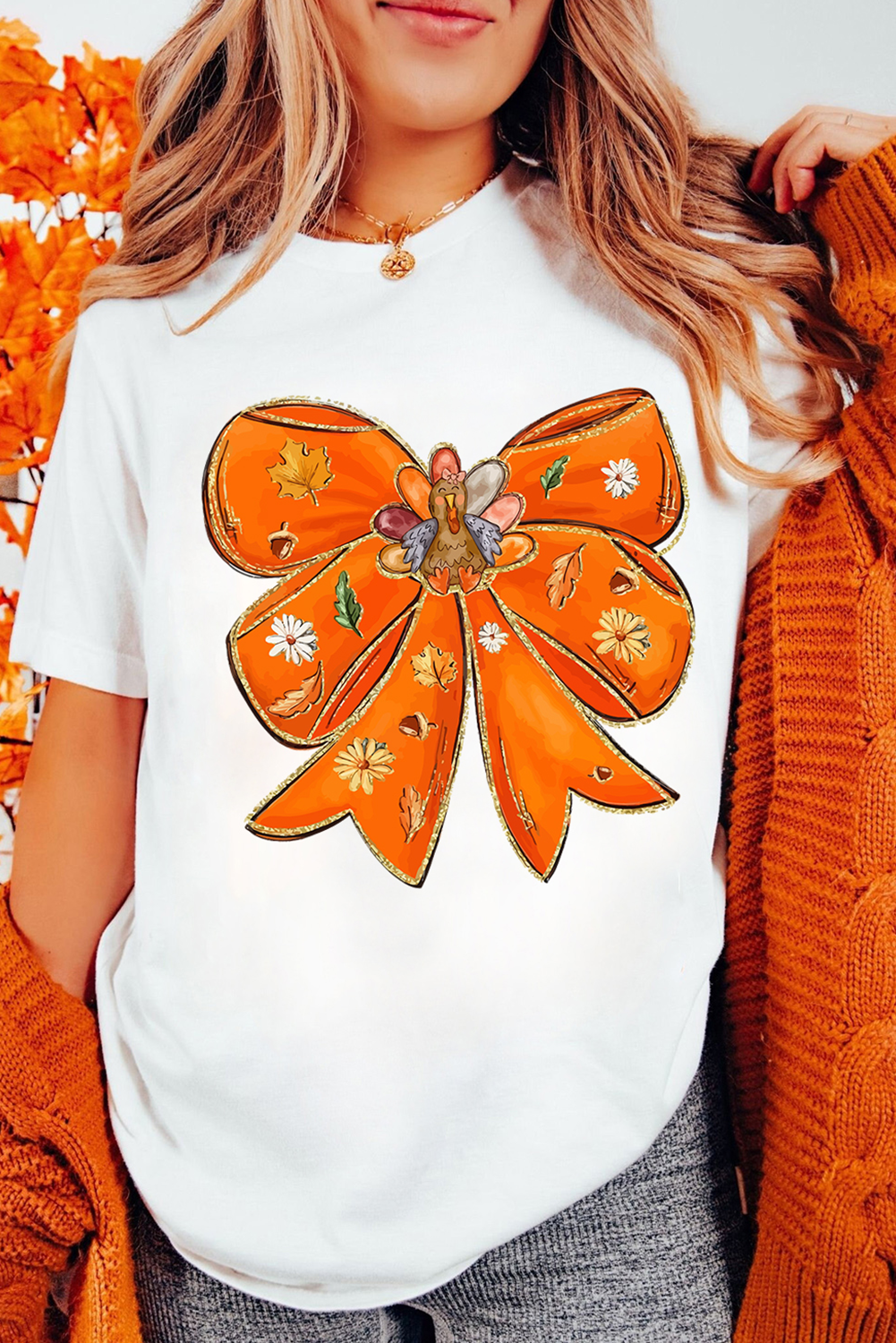 Trendy White Graphic Tee with Bowknot Design - Perfect for Fall and Thanksgiving - Detail View 2 Trendy White Graphic Tee with Bowknot Design - Perfect for Fall and Thanksgiving - Detail View 2