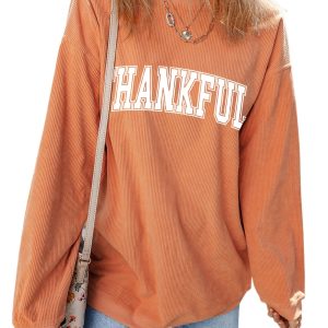 Women's THANKFUL Orange Ribbed Crew Neck Pullover Sweatshirt - Main View