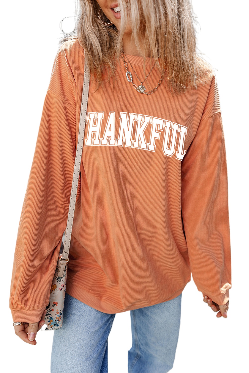 Women's THANKFUL Orange Ribbed Crew Neck Pullover Sweatshirt - Main View Women's THANKFUL Orange Ribbed Crew Neck Pullover Sweatshirt - Main View