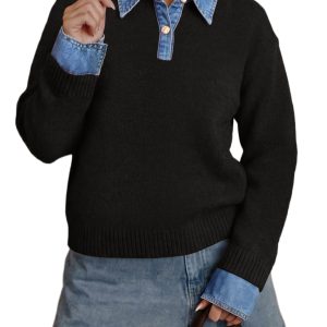 Denim Patchwork Women's Sweater, Casual Preppy Knit - Main View