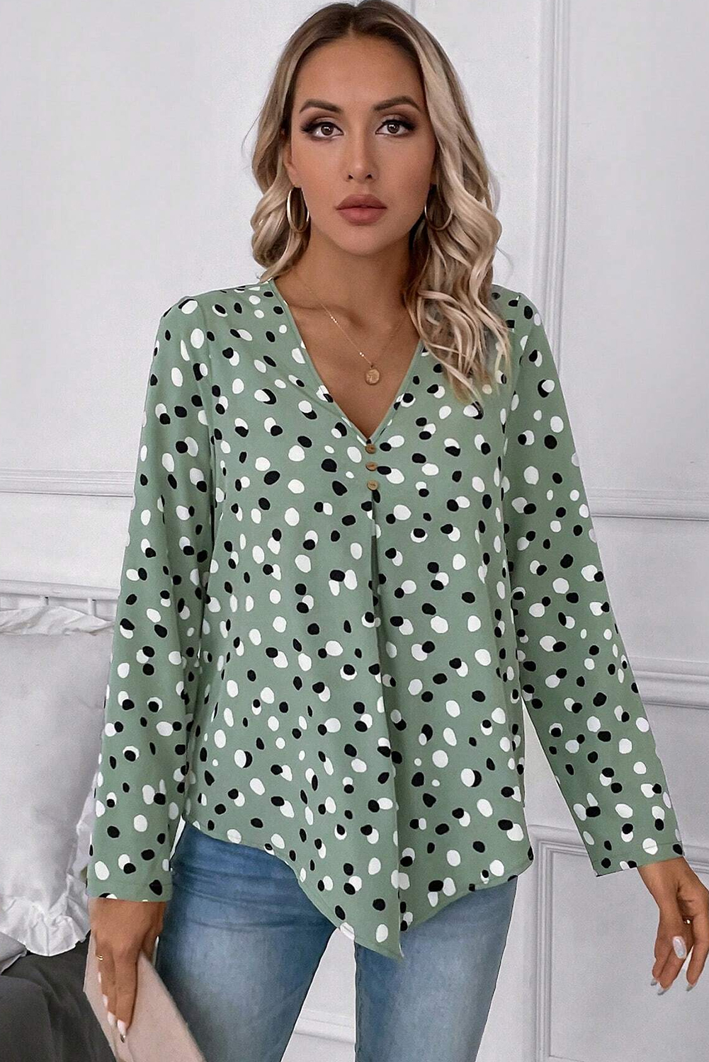 Elegant Long Sleeve Blouse: Green Polka Dot Print, V-Neck with Buttons - Detail View 7 Elegant Long Sleeve Blouse: Green Polka Dot Print, V-Neck with Buttons - Detail View 7