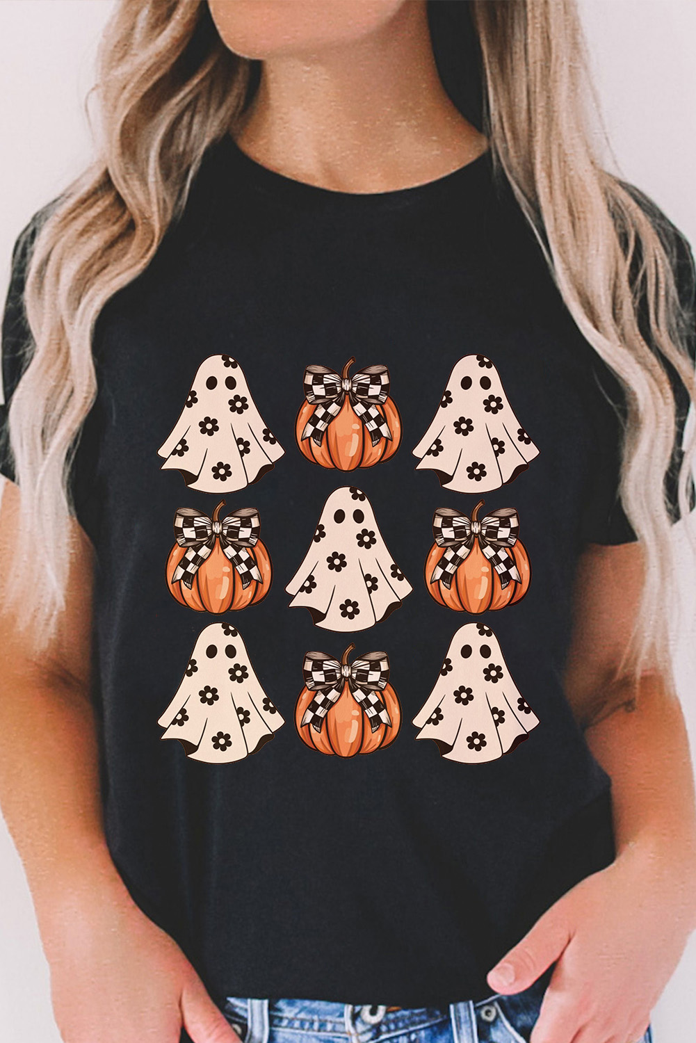 Festive Short Sleeve Tee: Halloween Ghost Pumpkin Print - Black - Detail View 2 Festive Short Sleeve Tee: Halloween Ghost Pumpkin Print - Black - Detail View 2