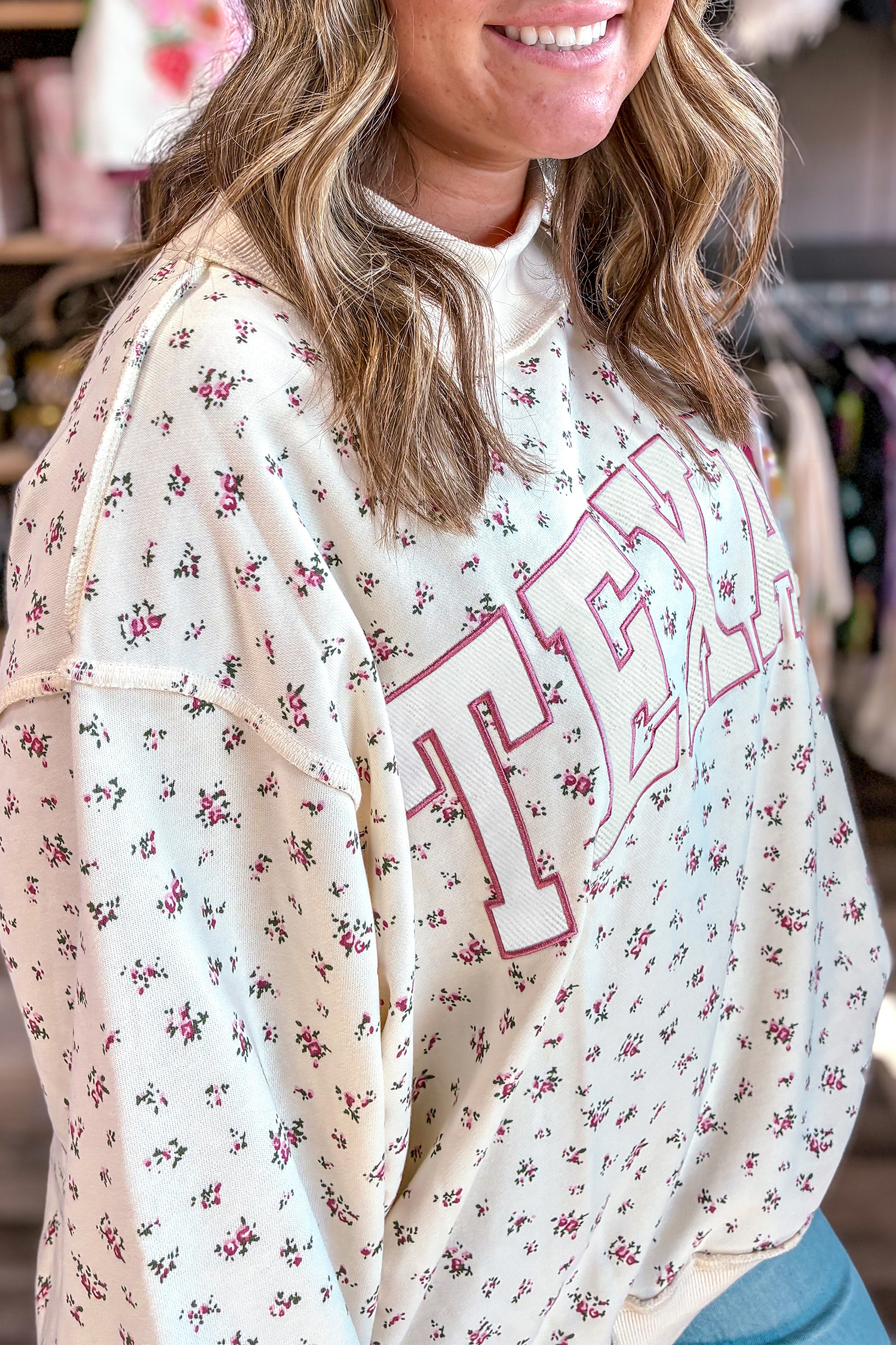 Women's Texas Letter Print Pullover, Floral Autumn Top - Detail View 8 Women's Texas Letter Print Pullover, Floral Autumn Top - Detail View 8