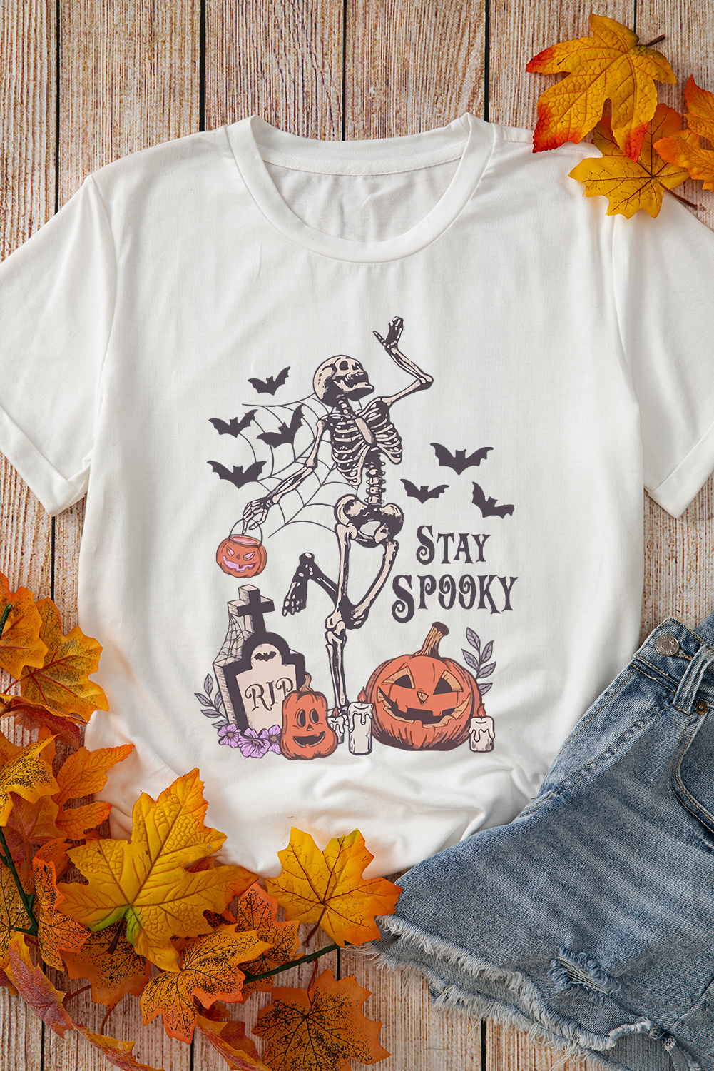 Spooky Graphic T-Shirt for Halloween Lovers - White Skull Pumpkin Face - Detail View 7 Spooky Graphic T-Shirt for Halloween Lovers - White Skull Pumpkin Face - Detail View 7