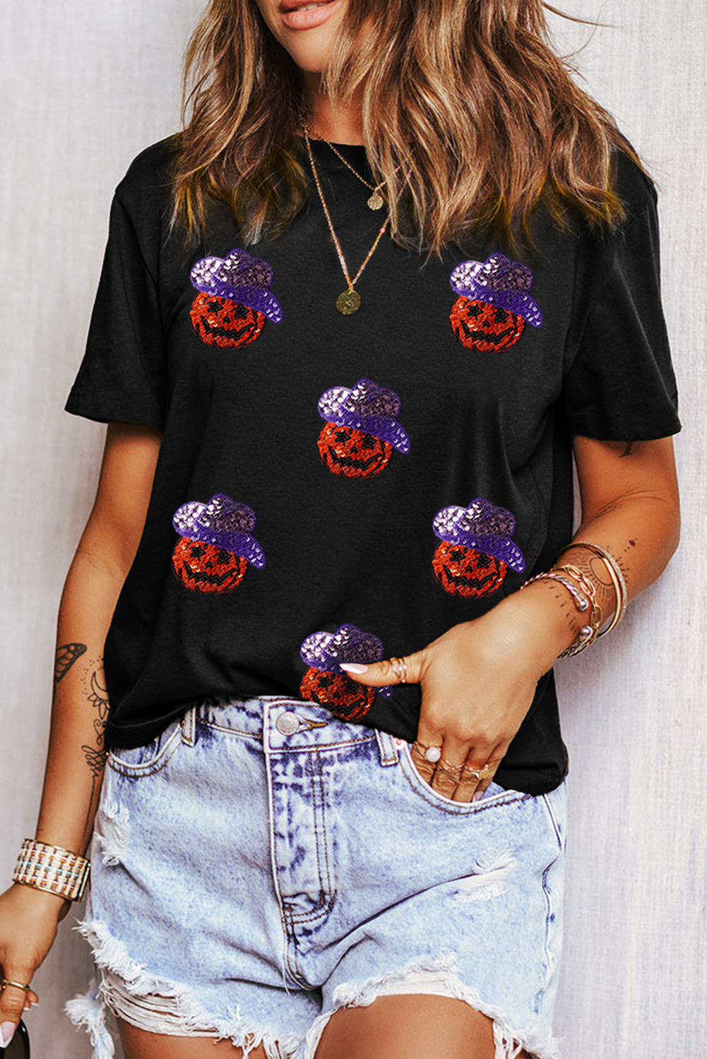 Halloween T-Shirt with Sequined Hat Pumpkin Graphic - Black - Detail View 2 Halloween T-Shirt with Sequined Hat Pumpkin Graphic - Black - Detail View 2