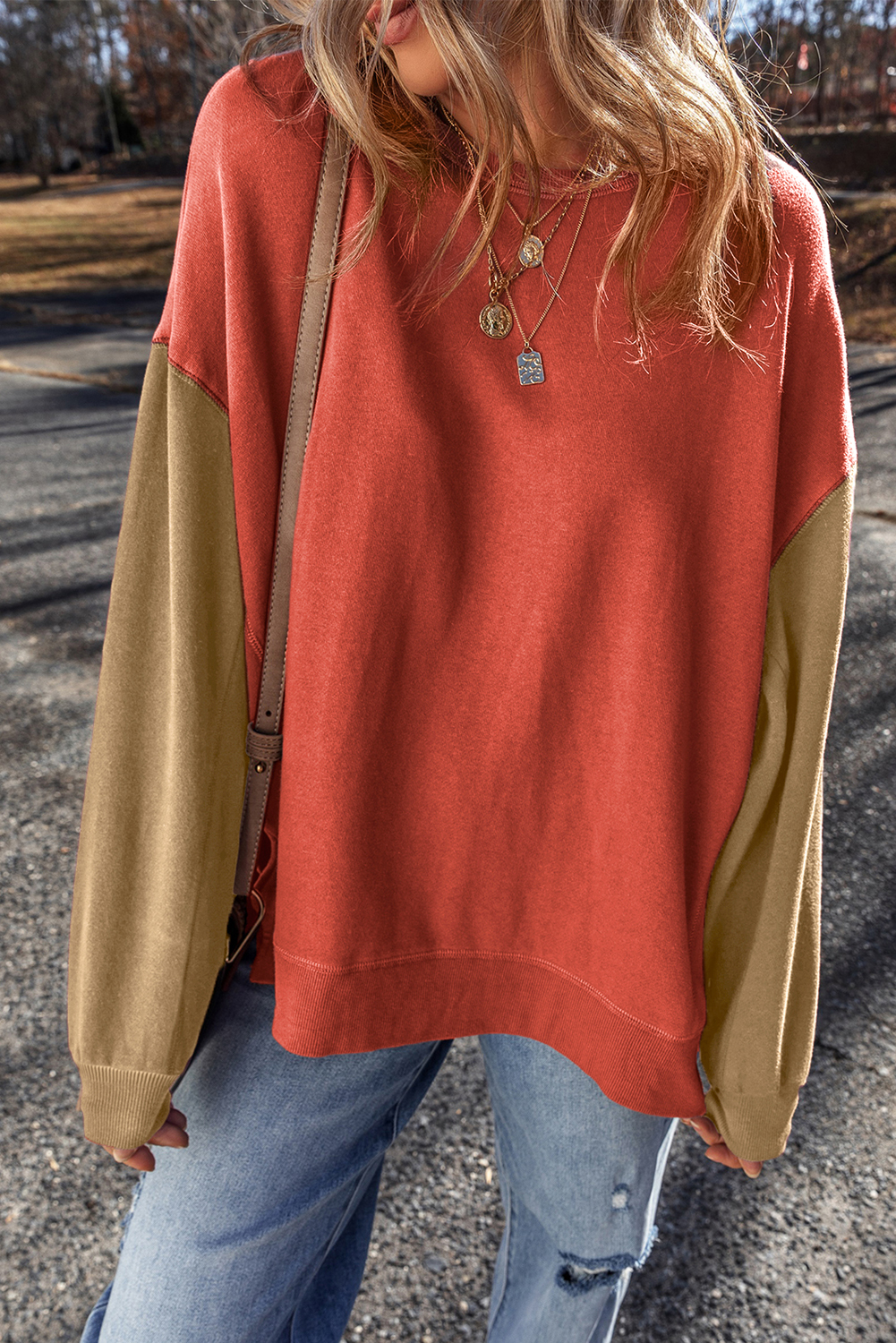 Casual and Cozy Patchwork Sweatshirt - Gold Flame Two Tone - Detail View 2 Casual and Cozy Patchwork Sweatshirt - Gold Flame Two Tone - Detail View 2