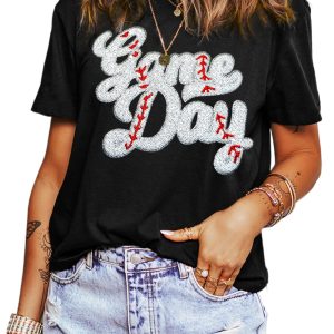 Women's Black Sequin Game Day Graphic Crew Neck Tee - Main View