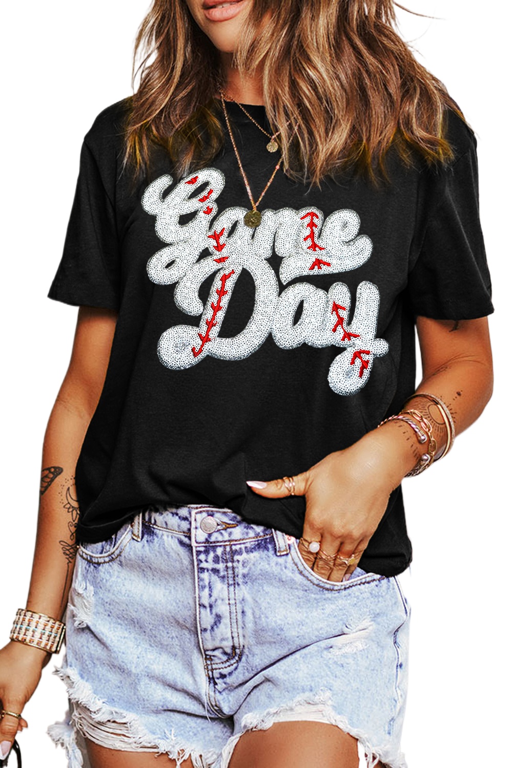 Women's Black Sequin Game Day Graphic Crew Neck Tee - Main View Women's Black Sequin Game Day Graphic Crew Neck Tee - Main View