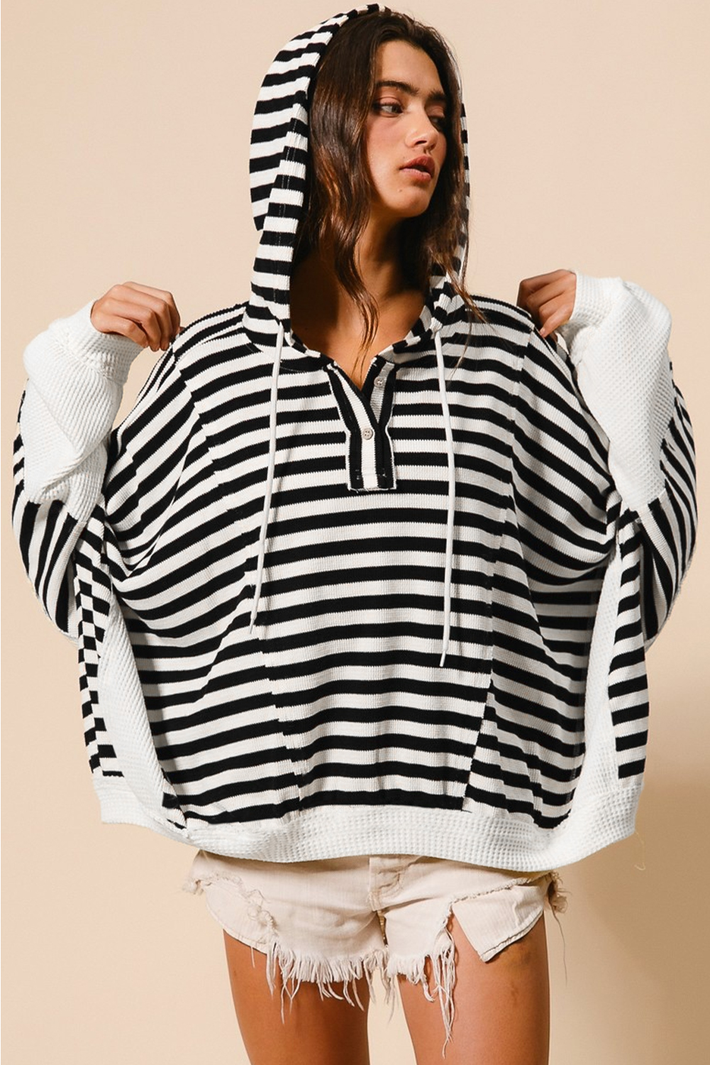 Cozy and Stylish Black White Striped Long Sleeve Hoodie - Adjustable Button Neckline - Detail View 2 Cozy and Stylish Black White Striped Long Sleeve Hoodie - Adjustable Button Neckline - Detail View 2