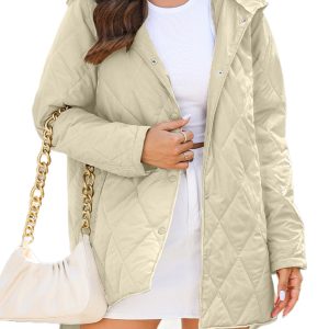 Women's Beige Quilted Hooded Coat with Snap Button Closure - Main View