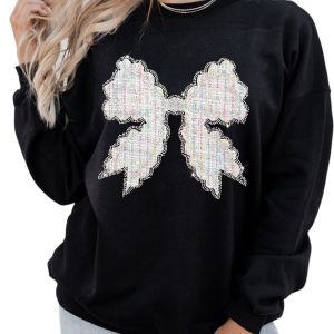Women's Black Rhinestone Decor Bowknot Graphic Pullover Sweatshirt - Main View