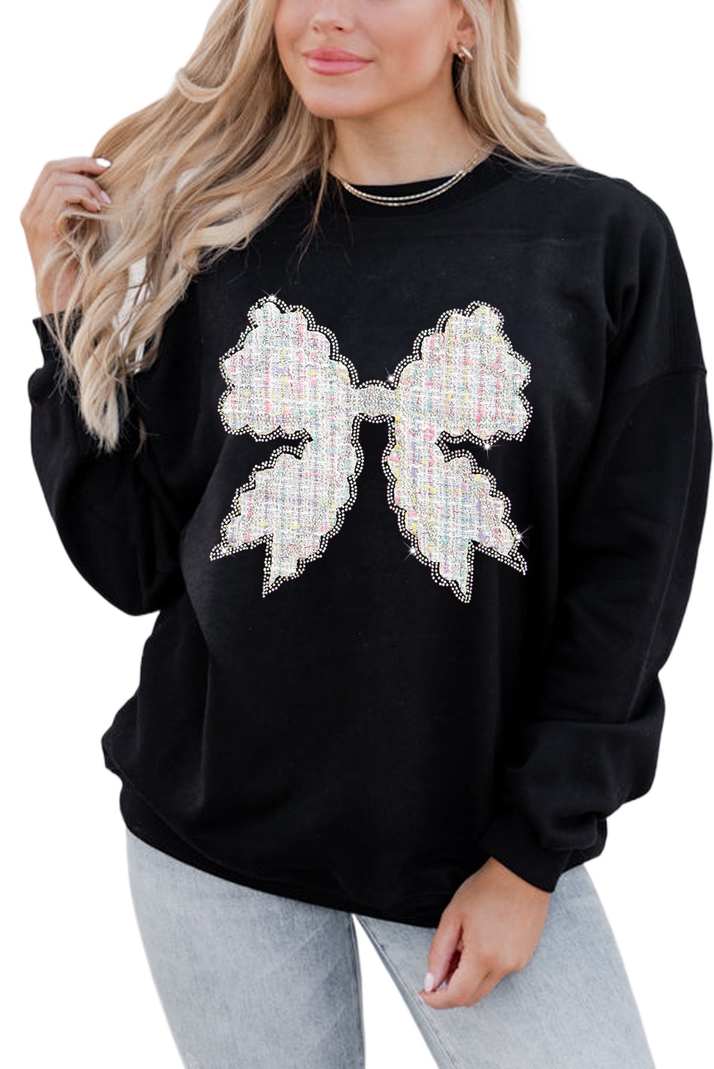 Women's Black Rhinestone Decor Bowknot Graphic Pullover Sweatshirt - Main View Women's Black Rhinestone Decor Bowknot Graphic Pullover Sweatshirt - Main View