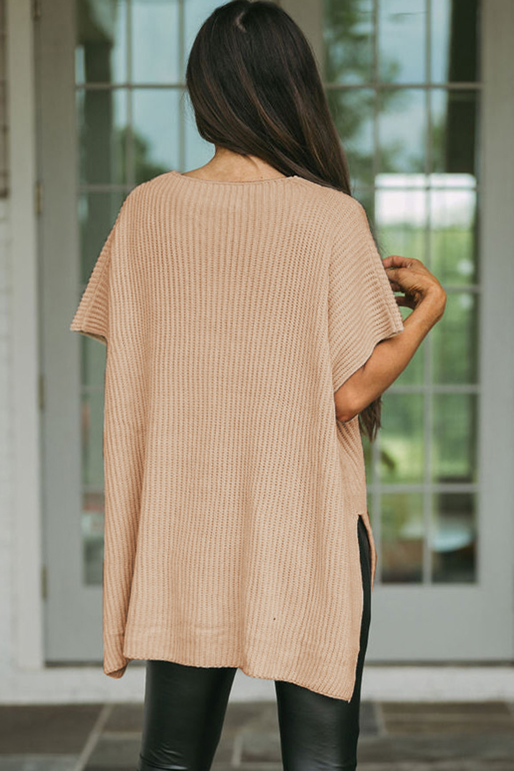 Versatile Tunic-Length Sweater in Apricot with Side Slits Detail - Detail View 3 Versatile Tunic-Length Sweater in Apricot with Side Slits Detail - Detail View 3