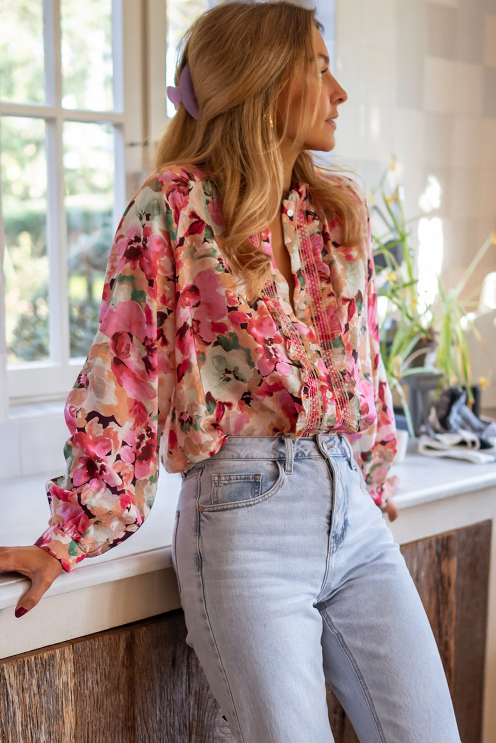 Elevate your style effortlessly with this Women's Red Floral Print Ruffled Stitch Loose Fit Shirt. The charming ruffled accents add a feminine touch to the shirt, while the loose and comfortable fit ensures all-day wearability. Made from premium 100% polyester, this shirt offers durability and a luxurious feel. The vibrant red color and floral print make it a perfect choice for the spring season. Pair it with jeans or skinny pants for a trendy and chic look. The round neck and long sleeves add to the elegant and stylish design of the shirt, making it suitable for daily wear and special occasions. Add this chic and versatile shirt to your wardrobe for a fashionable and sophisticated ensemble. - Detail View 4 Elevate your style effortlessly with this Women's Red Floral Print Ruffled Stitch Loose Fit Shirt. The charming ruffled accents add a feminine touch to the shirt, while the loose and comfortable fit ensures all-day wearability. Made from premium 100% polyester, this shirt offers durability and a luxurious feel. The vibrant red color and floral print make it a perfect choice for the spring season. Pair it with jeans or skinny pants for a trendy and chic look. The round neck and long sleeves add to the elegant and stylish design of the shirt, making it suitable for daily wear and special occasions. Add this chic and versatile shirt to your wardrobe for a fashionable and sophisticated ensemble. - Detail View 4