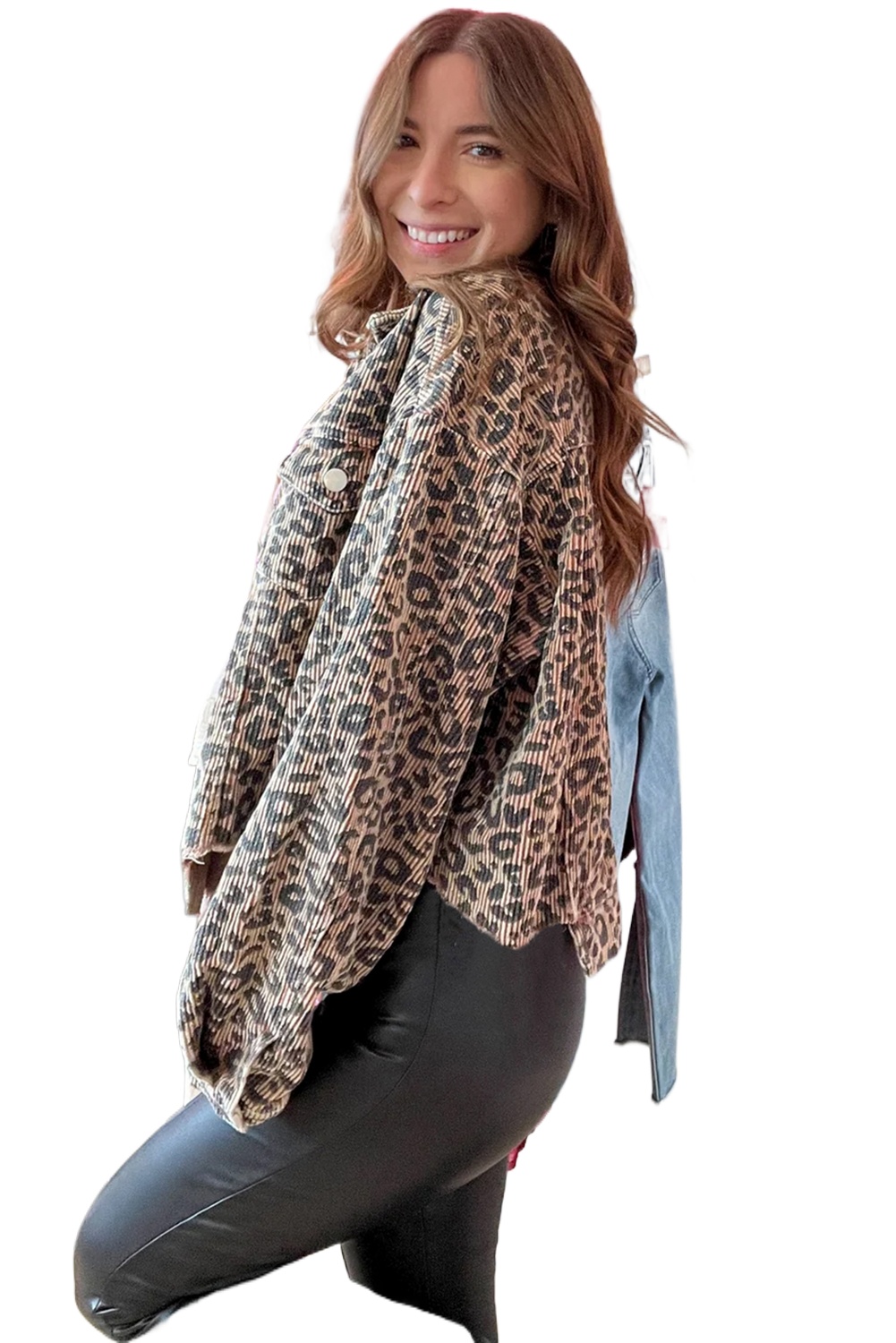 Women's Dark Khaki Leopard Print Corduroy Irregular Hem Buttoned Jacket - Main View Women's Dark Khaki Leopard Print Corduroy Irregular Hem Buttoned Jacket - Main View