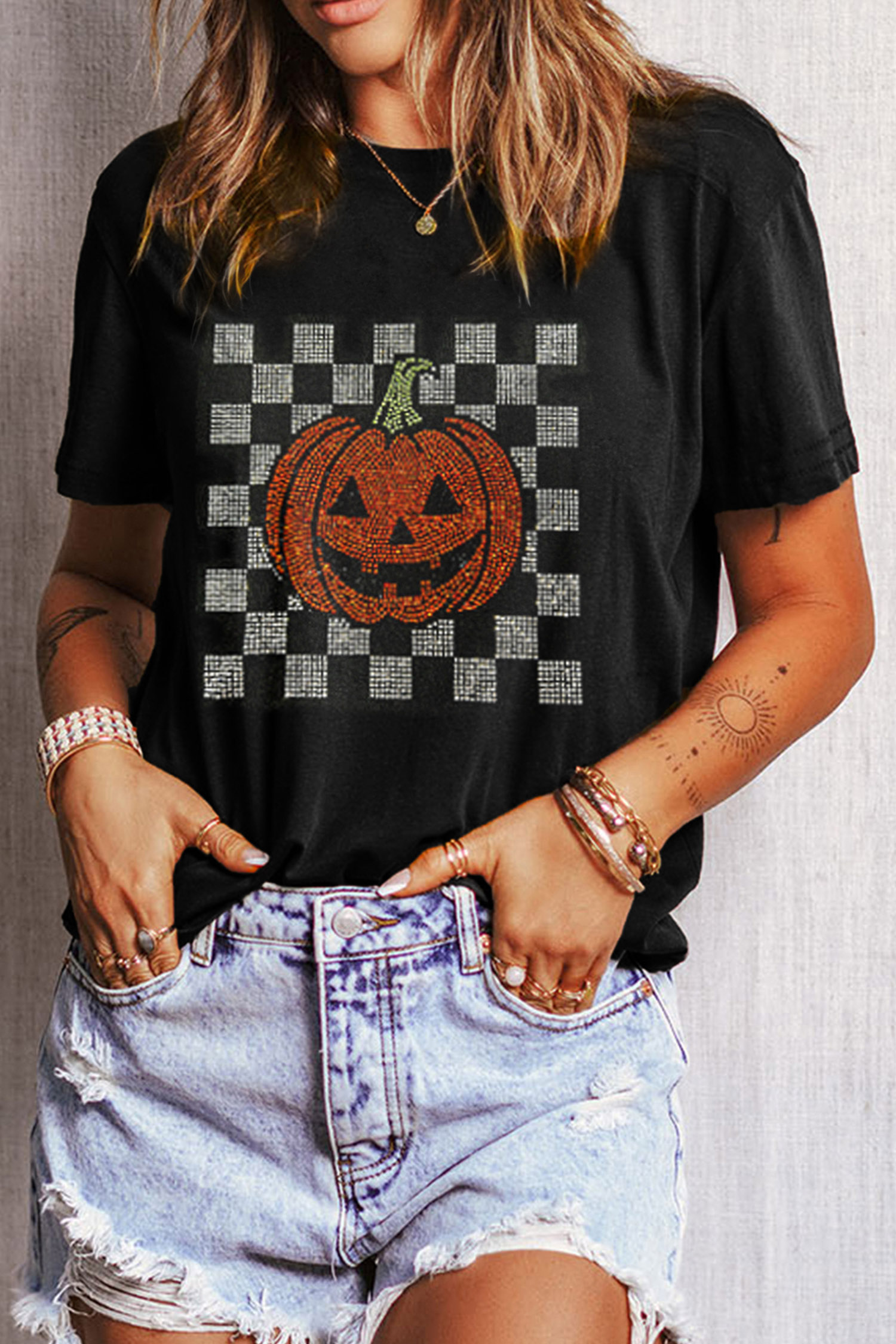 Rhinestone Pumpkin Graphic Tee, Halloween Print Women Top - Detail View 5 Rhinestone Pumpkin Graphic Tee, Halloween Print Women Top - Detail View 5