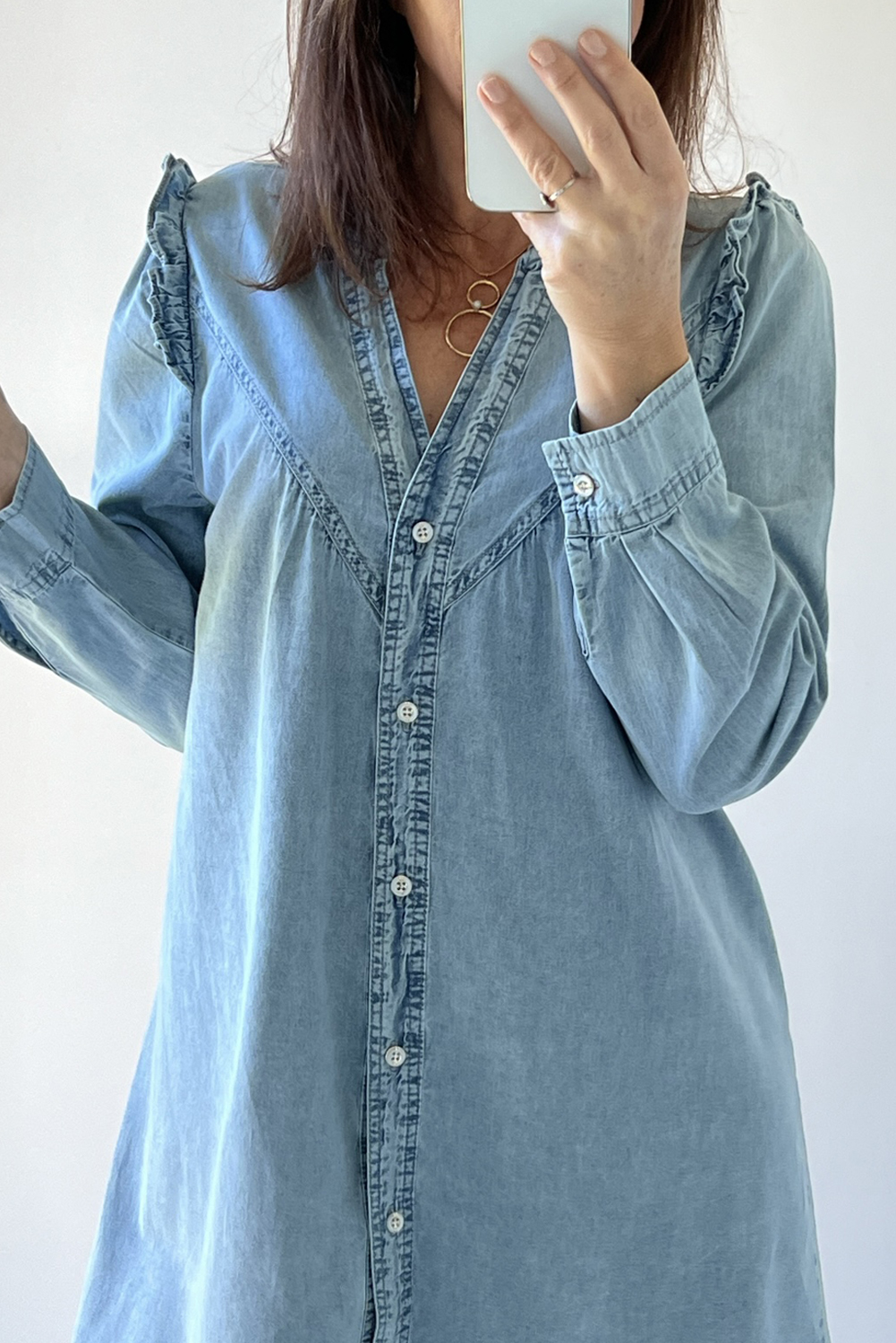 Long Sleeve Denim Mini Dress, Button Down Southern Belle - Detail View 5 Long Sleeve Denim Mini Dress, Button Down Southern Belle - Detail View 5