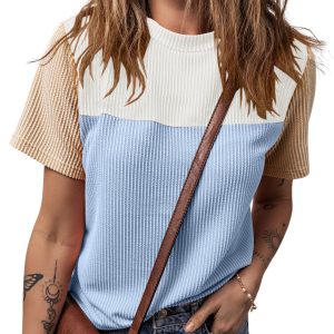 Women's Light Blue Colorblock Rib Textured T-Shirt - Main View