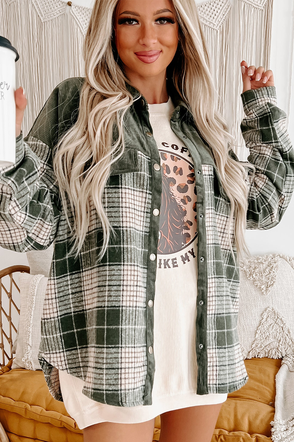 Women's Blackish Green Snap Buttons Colorblock Plaid Shacket - Detail View 6 Women's Blackish Green Snap Buttons Colorblock Plaid Shacket - Detail View 6