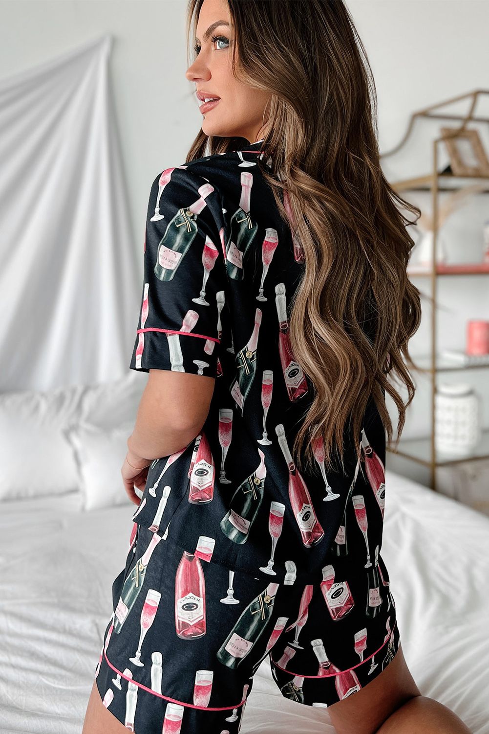Short Sleeve Sleepwear Set, Champagne Print Casual Loungewear - Detail View 3 Short Sleeve Sleepwear Set, Champagne Print Casual Loungewear - Detail View 3