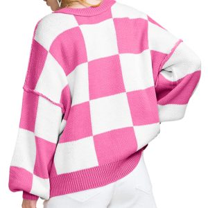 Women's Elegant Rose Stripe Checkered Bishop Sleeve Sweater - Luxuriously Soft Fabric - Main View