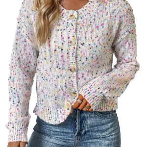 Women's White Multicolor Confetti Sweater Cardigan - Main View