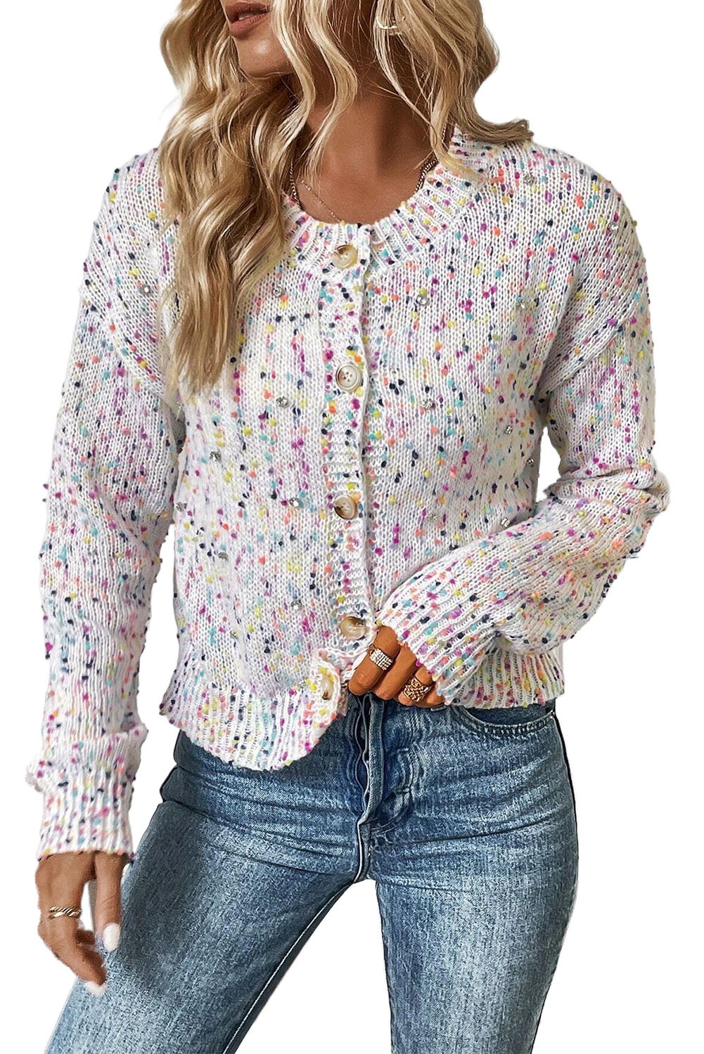 Women's White Multicolor Confetti Sweater Cardigan - Main View Women's White Multicolor Confetti Sweater Cardigan - Main View