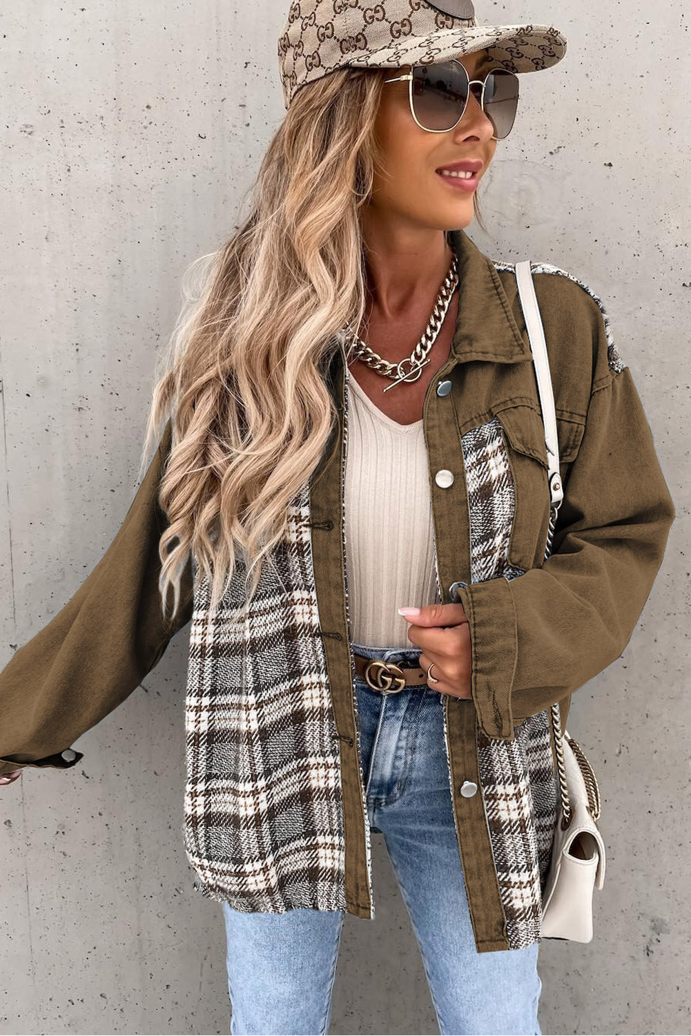 Women's Brown Plaid Denim Jacket, Chic Patchwork Shacket - Detail View 4 Women's Brown Plaid Denim Jacket, Chic Patchwork Shacket - Detail View 4