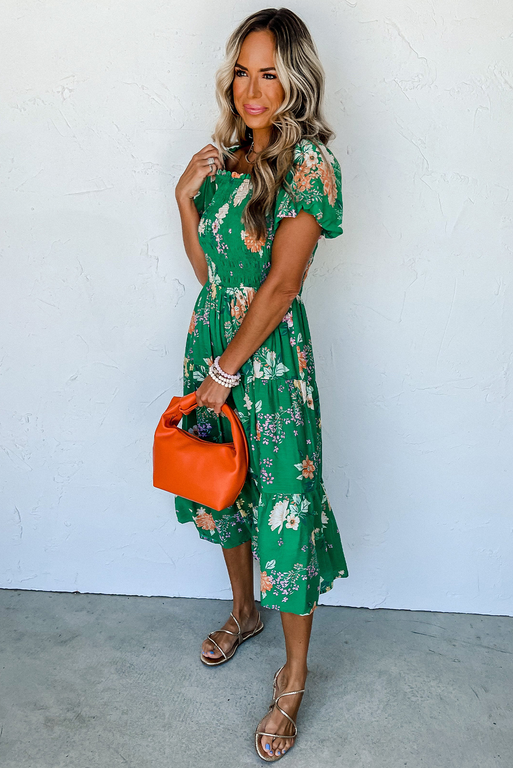 Women's Green Floral Midi Dress, Smocked Puff Sleeve Casual - Detail View 4 Women's Green Floral Midi Dress, Smocked Puff Sleeve Casual - Detail View 4