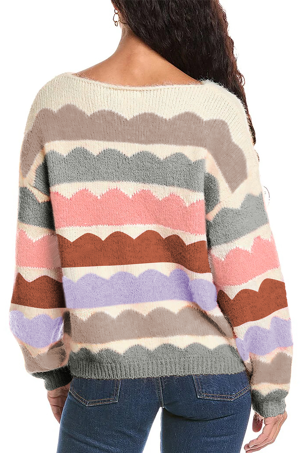 Women's Sweater, Gray Striped, Balloon Sleeve, Drop Shoulder, Trendy, Casual, Chic, Relaxed Fit, Comfortable, Fall Fashion, Daily Wear, Long Sleeve, Modern Style, Sweaters & Cardigans, Effortless Silhouette, Cozy, Fashionable - Detail View 4 Women's Sweater, Gray Striped, Balloon Sleeve, Drop Shoulder, Trendy, Casual, Chic, Relaxed Fit, Comfortable, Fall Fashion, Daily Wear, Long Sleeve, Modern Style, Sweaters & Cardigans, Effortless Silhouette, Cozy, Fashionable - Detail View 4